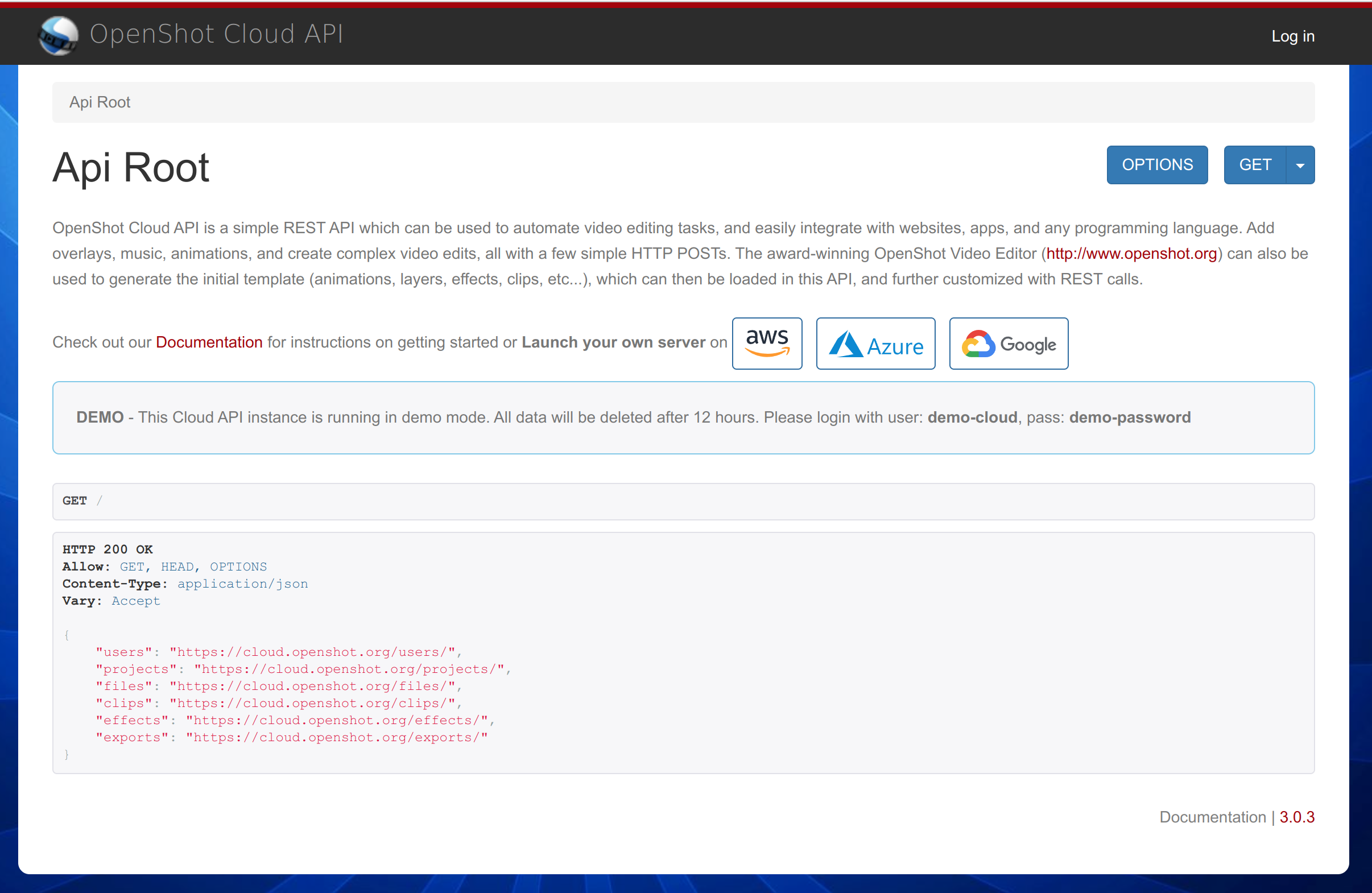 Main UI of OpenShot Video Editing Cloud API